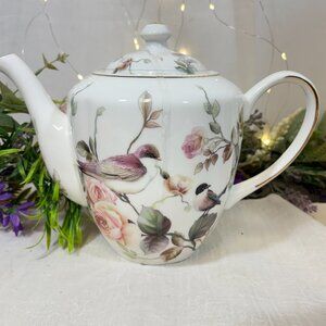 Grace Teaware Cottage Rose & Birds Magnolia Garden Tall Teapot Fine Porcelain